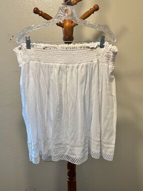 Faded Glory White Smocked Mini Boho Skirt with Embroidery Cutout Crochet Hem